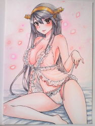 Rule 34 | 10s, 1girl, :d, armpits, babydoll, bare arms, bare legs, bare shoulders, barefoot, bed sheet, black hair, blush, bow, bow panties, breasts, brown eyes, cleavage, collarbone, eyebrows, frilled panties, frills, groin, hair between eyes, hairband, haruna (kancolle), headgear, highres, jewelry, kantai collection, large breasts, light smile, lingerie, long hair, midriff, navel, open mouth, panties, paper, parted lips, partially visible vulva, petals, photo (medium), ribbon, ring, see-through, side-tie panties, sitting, smile, solo, stomach, tareme, traditional media, underwear, undressing, untying, uramachi (hukahuka futon), very long hair, wedding band, white panties, white ribbon, yokozuwari