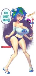 Rule 34 | 1girl, blue eyes, blue hair, blush, breast expansion, breasts, cleavage, earth-chan, embarrassed, english text, full body, large breasts, midriff, navel, nipples, no bra, off-shoulder shirt, off shoulder, open mouth, panties, pussy, shirt, short hair, solo, speech bubble, supersatanson, text focus, underwear