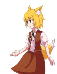 Rule 34 | 1girl, animal ear fluff, animal ears, belt, black ribbon, blonde hair, breasts, brown belt, brown eyes, brown skirt, brown vest, closed mouth, collared shirt, commentary request, cookie (touhou), cowboy shot, fox ears, fox girl, fox tail, looking to the side, miramikaru riran, neck ribbon, ribbon, shirt, short hair, short sleeves, simple background, skirt, small breasts, smile, solo, tail, vest, white background, white shirt, yan pai