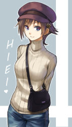Rule 34 | 10s, 1girl, alternate costume, arms behind back, bad id, bad pixiv id, bag, blue eyes, breasts, brown hair, cabbie hat, casual, character name, denim, handbag, hat, heart, hiei (kancolle), jeans, kantai collection, looking at viewer, pants, ribbed sweater, short hair, smile, solo, sweater, takemori shintarou, turtleneck