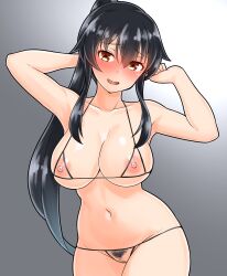 Rule 34 | 1girl, black hair, blush, breasts, censored, collarbone, cowboy shot, cupless bikini, female pubic hair, furaggu (frag 0416), gradient background, grey background, highres, kantai collection, large breasts, long hair, looking at viewer, mosaic censoring, nipples, open mouth, ponytail, pubic hair, pussy, red eyes, sidelocks, solo, standing, white background, yahagi (kancolle)