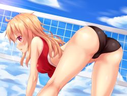 Rule 34 | 1girl, artist self-insert, ass, beach volleyball, bent over, bikini, blonde hair, blush, buruma, cloud, cloudy sky, day, derivative work, from behind, highres, long hair, looking at viewer, looking back, nottytiffy, original, pink eyes, playing sports, sky, solo, sports bikini, sportswear, swimsuit, tiffy (nottytiffy), trefoil, underwear, volleyball, volleyball uniform