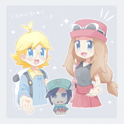 Rule 34 | 1girl, 2boys, ahoge, akasaka (qv92612), backpack, bag, baseball cap, black hair, blonde hair, blue jumpsuit, brown hair, card, clemont (pokemon), collared shirt, commentary request, creatures (company), eyewear on headwear, game freak, glasses, green headwear, grey background, grey eyes, handbag, hat, high collar, highres, holding, holding card, jumpsuit, long hair, long sleeves, multiple boys, nintendo, notice lines, open mouth, outstretched hand, pink bag, pink headwear, pokemon, pokemon masters ex, pokemon xy, red skirt, round eyewear, scottie (pokemon), serena (pokemon), shirt, short hair, skirt, sleeveless, sleeveless shirt, sparkle, sunglasses, sweat, tongue, translation request, white-framed eyewear, white bag