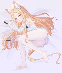 Rule 34 | 1girl, animal ear fluff, animal ears, armpits, ass, bed sheet, blonde hair, blue archive, commentary request, detached sleeves, feet, flower, forehead, fox ears, fox girl, fox tail, hair flower, hair ornament, halo, hgdnmlj, highres, knees together feet apart, legs, long hair, long sleeves, looking at viewer, lying, no shoes, on side, orange eyes, pantyhose, parted bangs, school uniform, seia (blue archive), sidelocks, simple background, sleeves past fingers, sleeves past wrists, soles, solo, tail, toes, triangle mouth, wide sleeves