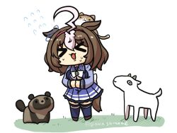 Rule 34 | &gt; &lt;, 1girl, ahoge, animal, animal ears, animal on head, blue shirt, blue skirt, blue thighhighs, bow, breasts, brown footwear, brown hair, cat, chibi, closed eyes, facing viewer, flying sweatdrops, goat, goma (gomasamune), grass, hairband, highres, horse ears, horse girl, horse tail, large breasts, long sleeves, meisho doto (umamusume), multicolored hair, on head, open mouth, pink hairband, pleated skirt, school uniform, shirt, shoes, simple background, skirt, solo, standing, sweat, tail, tanuki, thighhighs, tracen school uniform, two-tone hair, umamusume, white background, white bow, white hair