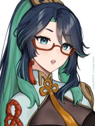 Rule 34 | 1girl, :o, blue eyes, blue hair, cloud retainer (genshin impact), colored inner hair, commentary, eyeshadow, genshin impact, glasses, green hair, highres, long hair, looking at viewer, makeup, multicolored hair, open mouth, ponytail, red-framed eyewear, simple background, solo, upper body, very long hair, vickie (cryingrobot), white background, xianyun (genshin impact)