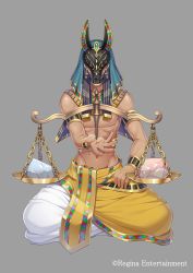 Rule 34 | 1boy, bare shoulders, barefoot, commentary request, dark-skinned male, dark skin, egyptian, egyptian clothes, full body, grey background, hand on own thigh, highres, holding, holding staff, male focus, navel, official art, original, pharaoh, simple background, sitting, skirt, solo, staff, tagme, takamiya ren, white skirt, wrist cuffs, yellow skirt