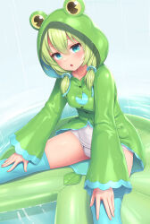 Rule 34 | 1girl, animal hood, blue eyes, blue thighhighs, coat, frog hood, frog raincoat, gleam, green coat, green hair, hair ornament, hands on own thighs, highres, hood, hood up, kaeru (sasaame), lily pad, looking at viewer, medium hair, one-piece swimsuit, open mouth, original, rain, raincoat, sasaame, shiny clothes, simple background, sitting, solo, spread legs, swimsuit, thighhighs, twintails, water, water drop, wet, wet clothes, white one-piece swimsuit, wide sleeves
