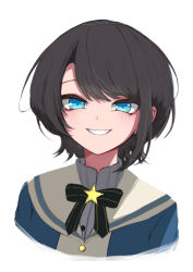 Rule 34 | 1girl, black hair, black jacket, blouse, blue eyes, blush, bow, bowtie, cropped torso, grey shirt, grin, high collar, highres, hololive, jacket, looking at viewer, no headwear, not nodu, oozora subaru, oozora subaru (work), sailor collar, shirt, short hair, simple background, smile, solo, striped clothes, striped shirt, swept bangs, upper body, vertical-striped clothes, vertical-striped shirt, virtual youtuber, white background
