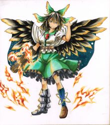 Rule 34 | 1girl, arm cannon, asymmetrical footwear, belt, black hair, black socks, black wings, blouse, bow, breasts, brown eyes, cape, collarbone, feathered wings, full body, green skirt, hair bow, highres, kneehighs, koji (koji-a), loafers, medium breasts, mismatched footwear, petticoat, puffy short sleeves, puffy sleeves, reiuji utsuho, shirt, shoes, short sleeves, skirt, smile, socks, solo, touhou, traditional media, weapon, white shirt, wings