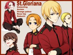 Rule 34 | 10s, 5boys, :|, assam (girls und panzer), black footwear, black pants, blonde hair, blue eyes, boots, border, braid, brown eyes, brown hair, character name, closed mouth, commentary, crossed arms, darjeeling (girls und panzer), english text, epaulettes, genderswap, genderswap (ftm), girls und panzer, grin, hair slicked back, holding, jacket, light frown, light smile, long sleeves, male focus, military, military uniform, multiple boys, nakaya 106, notice lines, open mouth, orange hair, orange pekoe (girls und panzer), pants, parted bangs, red border, red hair, red jacket, rosehip (girls und panzer), rukuriri (girls und panzer), single braid, sitting, smile, st. gloriana&#039;s military uniform, standing, sweatdrop, teapot, uniform, v arms