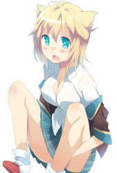 Rule 34 | 10s, 1girl, blonde hair, blue eyes, breasts, cleavage, collarbone, fang, gj-bu, highres, jacket, kirara bernstein, looking at viewer, open clothes, open jacket, open mouth, school uniform, serafuku, shiny skin, shoes, short hair, simple background, sitting, socks, solo, tareme, thu, white background