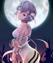 Rule 34 | 1girl, ayanami rei, bandaged arm, bandages, bare shoulders, blue hair, bodysuit, breasts, commentary request, cowboy shot, eyepatch, from side, full moon, hair ornament, hand on own arm, head tilt, highres, interface headset, kasai shin, looking at viewer, looking to the side, medical eyepatch, medium breasts, moon, neon genesis evangelion, night, night sky, one eye covered, outdoors, parted lips, plugsuit, red eyes, ruins, short hair, sky, solo, white bodysuit