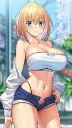Rule 34 | 1girl, artist name, bare shoulders, blonde hair, blue eyes, blue nails, blurry, blurry background, breasts, cleavage, collarbone, commentary request, fingernails, hair between eyes, hand on own hip, highres, jacket, large breasts, long sleeves, looking at viewer, midriff, nail polish, navel, original, outdoors, short hair, short shorts, shorts, solo, sophia f shirring, standing, strapless, takamine nadare, tube top, unbuttoned, open fly, white jacket, zipper