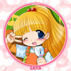 Rule 34 | 1990s (style), 1girl, ;d, blonde hair, blue eyes, blunt bangs, blush, child, circle, close-up, flat chest, flower, hair bobbles, hair ornament, karaoke, kayama licca, licca, long hair, microphone, music, musical note, one eye closed, open mouth, orange overalls, overalls, quaver, retro artstyle, round image, shirt, singing, smile, solo, striped, striped background, super doll licca-chan, t-shirt, tokuda shinnosuke, v, v over eye