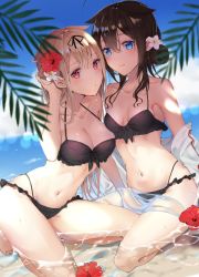Rule 34 | absurdres, ahoge, barefoot, beach, bikini, black bikini, black hair, black ribbon, blonde hair, blue eyes, blue sky, blush, braid, breasts, cleavage, closed mouth, cloud, collarbone, day, flower, frilled bikini, frills, hair between eyes, hair flaps, hair flower, hair ornament, hair ribbon, halterneck, hibiscus, highres, kantai collection, kona (mmmkona), large breasts, long hair, looking at viewer, medium breasts, multiple girls, navel, outdoors, red eyes, red flower, ribbon, shigure (kancolle), sitting, sky, smile, swimsuit, water, wet, white flower, yuudachi (kancolle)