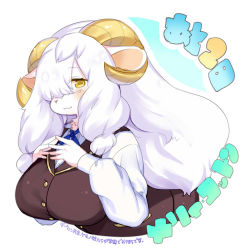 Rule 34 | 1girl, blue ribbon, blush, body fur, commentary request, furry, furry female, horns, kishibe, long hair, looking at viewer, original, ribbon, sheep, sheep girl, sheep horns, simple background, solo, translation request, upper body, white background, white hair, yellow eyes