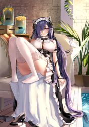 Rule 34 | 1girl, arm cuffs, august von parseval (azur lane), azur lane, black dress, black footwear, black hair, black ribbon, blue eyes, blue hair, blush, breasts, cleavage cutout, clothing cutout, collar, commentary, convenient leg, couch, dress, eyelashes, food, frilled collar, frills, fruit, full body, garter straps, hair over one eye, hair ribbon, high heels, highres, horns, indoors, jar, large breasts, long hair, looking at viewer, lying, maid headdress, neck ribbon, neconel, no shoes, official alternate costume, on back, orange (fruit), orange slice, parted lips, plant, potted plant, ribbon, shoes, unworn shoes, sleeveless, sleeveless dress, soles, solo, sunlight, thighhighs, thighs, white thighhighs, wooden floor