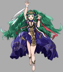 Rule 34 | 1girl, braid, closed mouth, fire emblem, fire emblem: three houses, green eyes, green hair, hair ornament, highres, jewelry, long hair, looking at viewer, matching hair/eyes, multicolored hair, nintendo, pointy ears, ribbon braid, sakuremi, side braid, simple background, smile, solo, sothis (fire emblem), tiara, twin braids