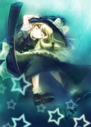 Rule 34 | 1girl, blonde hair, braid, broom, broom riding, ecens, female focus, gradient background, hat, highres, holding, holding clothes, holding hat, kirisame marisa, long hair, sidesaddle, smile, solo, star (symbol), touhou, witch, witch hat, yellow eyes