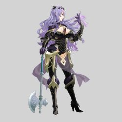 Rule 34 | 1girl, absurdres, armor, axe, black armor, black panties, boots, breasts, bustier, camilla (fire emblem), capelet, cleavage, female focus, fire emblem, fire emblem fates, full body, gloves, grey background, hair over one eye, high heel boots, high heels, highres, kozaki yuusuke, large breasts, light purple hair, lips, long hair, nintendo, official art, panties, profile, purple gloves, simple background, solo, thigh boots, thighhighs, tiara, underwear, vambraces, wavy hair, weapon