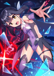 Rule 34 | 1girl, bare shoulders, black hair, blush, breasts, brown eyes, commentary request, energy, fate/kaleid liner prisma illya, fate (series), gae bolg (fate), hair ornament, hairclip, highres, holding, kouzuki tsubasa (musou kaidou), long hair, looking at viewer, magical girl, miyu edelfelt, open mouth, small breasts, solo, thighhighs, yellow eyes