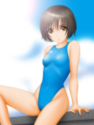 Rule 34 | 1girl, arm support, asics, black hair, bob cut, brown eyes, brown hair, cloud, competition swimsuit, covered erect nipples, day, eyeshadow, flat chest, highleg, highleg swimsuit, highres, makeup, one-piece swimsuit, original, outdoors, samejima minoru, short hair, sitting, skin tight, sky, smile, solo, swimsuit