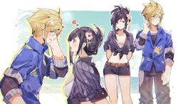 Rule 34 | 1boy, 1girl, belt, black hair, blonde hair, breasts, cleavage, cloud strife, cloud strife (ocean chocobo), crop top, final fantasy, final fantasy vii, final fantasy vii rebirth, final fantasy vii remake, flower, front-tie top, hair flower, hair ornament, hawaiian shirt, heart, large breasts, looking at another, official alternate costume, official alternate hairstyle, rirene rn, shirt, short shorts, shorts, smile, tifa lockhart, tifa lockhart (majestic glamour)