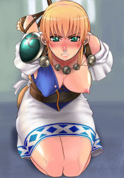 Rule 34 | 1girl, angry, arms behind back, bdsm, blonde hair, blush, bondage, bound, breasts, green eyes, kneeling, large breasts, long hair, nipples, open clothes, open shirt, rope, shirt, solo, sophitia alexandra, soul calibur, soulcalibur ii