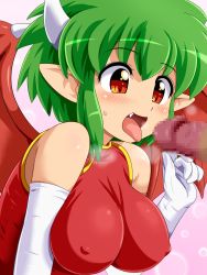 Rule 34 | 1boy, 1girl, breasts, censored, draco centauros, covered erect nipples, erection, fang, gloves, green hair, highres, horns, konpeto, large breasts, monster girl, penis, pointy ears, puyopuyo, red eyes, skin tight, smile, steam, tongue, wings