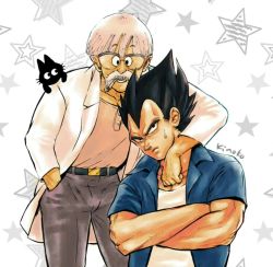 Rule 34 | 10s, 2boys, animal, arm over shoulder, belt, black eyes, black hair, blue shirt, cat, cigarette, crossed arms, dr. brief (dragon ball), dragon ball, dragon ball super, dragonball z, glasses, hand in pocket, image sample, lab coat, looking at viewer, male focus, multiple boys, pants, serious, shirt, short hair, smile, star (symbol), starry background, sweatdrop, tama (dragon ball), twitter sample, twitter username, vegeta, white hair, white shirt