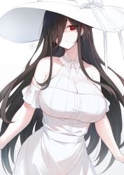 Rule 34 | 1girl, black hair, breasts, cleavage, collarbone, dress, hair over one eye, hasshaku-sama, hat, highres, large breasts, looking at viewer, mou tama maru, original, parted lips, red eyes, see-through, simple background, solo, speech bubble, sun hat, upper body, urban legend, white background, white dress, white hat