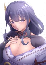 Rule 34 | 1girl, breasts, cleavage, commentary request, genshin impact, hand on own chest, highres, japanese clothes, kimono, kirima (user danf8787), large breasts, long hair, looking at viewer, mole, mole under eye, nail polish, off shoulder, purple eyes, purple hair, purple kimono, purple nails, raiden shogun, smile, solo, upper body