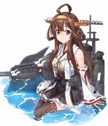 Rule 34 | 1girl, ahoge, bare shoulders, black skirt, black thighhighs, brown hair, closed mouth, detached sleeves, double bun, hair between eyes, hair bun, hairband, headgear, highres, japanese clothes, kantai collection, kongou (kancolle), kongou kai ni (kancolle), long hair, looking at viewer, machinery, minosu, nontraditional miko, pleated skirt, purple eyes, ribbon-trimmed sleeves, ribbon trim, rigging, skirt, smile, solo, thighhighs, turret, wide sleeves