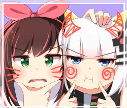 Rule 34 | 2girls, :i, absurdres, blue eyes, blush, brown hair, cheek poking, closed mouth, commentary, crossover, drawn whiskers, facial mark, green eyes, hair ornament, hair ribbon, hairclip, hand on another&#039;s head, highres, ikazu401, kaguya luna, kizuna ai, kizuna ai inc., long hair, looking at viewer, multicolored hair, multiple girls, parted lips, pink hair, pink ribbon, poking, ribbon, silver hair, streaked hair, teeth, the moon studio, upper teeth only, v-shaped eyebrows, virtual youtuber, whisker markings