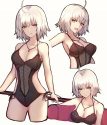 Rule 34 | 1girl, :o, ahoge, alternate costume, armpits, bare arms, bare shoulders, black one-piece swimsuit, blush, breasts, casual one-piece swimsuit, cleavage, collarbone, cropped legs, fate/grand order, fate (series), gluteal fold, highres, holding, jeanne d&#039;arc (fate), jeanne d&#039;arc (ruler) (fate), jeanne d&#039;arc alter (avenger) (fate), jeanne d&#039;arc alter (fate), lingerie, looking at viewer, medium breasts, midriff, multiple views, one-piece swimsuit, open mouth, serious, shigure s, short hair, silver hair, simple background, swimsuit, underwear, upper body, v-shaped eyebrows, white background, yellow eyes