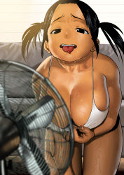 Rule 34 | 1girl, arung samudra (cessa), black eyes, black hair, black shorts, breasts, camisole, cessa, cleavage, cleavage reach, commentary, couch, dark-skinned female, dark skin, downblouse, electric fan, english commentary, fangs, forehead, hanging breasts, hot, kneeling, large breasts, leaning forward, no bra, ombok diving and delivery services, pac-man eyes, short hair, shorts, solo, spaghetti strap, summer, sweat, tongue, tongue out, two side up, very dark skin, very sweaty