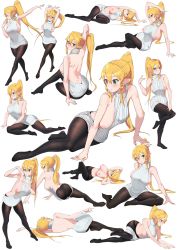 Rule 34 | 1girl, ass, bare shoulders, blonde hair, blush, braid, breasts, chou shippai-saku, elf, from behind, green eyes, highres, leafa, long hair, looking at viewer, looking back, lying, meme attire, multiple views, no shoes, on back, on side, on stomach, open mouth, panties, panties under pantyhose, pantyhose, pointy ears, ponytail, shiny skin, sideboob, sweater, sword art online, underwear, virgin killer sweater