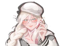Rule 34 | 1girl, absurdres, aia amare, black jacket, blonde hair, blush, braid, bright pupils, commentary, english commentary, glasses, hat, heart, heart-shaped pupils, highres, holding, holding pen, hood, hood down, hooded jacket, jacket, letterman jacket, looking at viewer, mei (hiimeiree), nijisanji, nijisanji en, parted lips, pen, portrait, shirt, smile, solo, symbol-shaped pupils, virtual youtuber, white hat, white pupils, white shirt