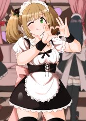 Rule 34 | 1girl, 216 zig, absurdres, ahoge, apron, black bow, black bowtie, black skirt, black thighhighs, black wristband, blonde hair, blurry, blurry background, blush, bow, bowtie, breasts, brown flower, chair, cleavage, collarbone, cowboy shot, curtains, dot nose, dress bow, extra, finger heart, flower, green eyes, hair flower, hair ornament, hands up, highres, idolmaster, idolmaster cinderella girls, idolmaster cinderella girls starlight stage, indoors, lace, lace-trimmed apron, lace-trimmed shirt, lace trim, large breasts, leaf, long hair, looking at viewer, maid cafe, one eye closed, people, pink bow, puffy short sleeves, puffy sleeves, sato shin, shirt, short sleeves, skirt, smile, solo, standing, suspender skirt, suspenders, table, thighhighs, tongue, tongue out, twintails, waist apron, white apron, white headdress, white shirt, zettai ryouiki