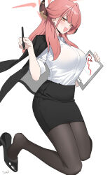 Rule 34 | 1girl, absurdres, alternate costume, aru (blue archive), black pantyhose, blue archive, flying, full body, high heels, highres, horns, looking at viewer, office lady, orange eyes, pantyhose, paper, pen, pink hair, shirt, simple background, smile, solo, tomid, white background, white shirt, yellow eyes