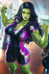 Rule 34 | 1girl, biceps, black bodysuit, black hair, blurry, blurry background, bodysuit, breasts, clenched hands, collarbone, colored skin, covered abs, eyeliner, flexing, green eyes, green skin, gym, highres, indoors, large breasts, legs apart, long hair, looking at viewer, makeup, marvel, multicolored bodysuit, multicolored clothes, muscular, muscular female, neoartcore, parted lips, patreon username, purple lips, she-hulk, shoes, sneakers, solo, standing, thick thighs, thighs, veins, veiny arms