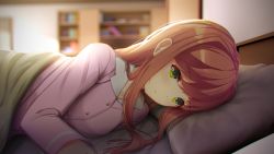 Rule 34 | 1girl, bed, bed sheet, blanket, blurry, blurry background, bookshelf, breasts, brown hair, commentary, day, doki doki literature club, green eyes, hair down, indoors, long hair, long sleeves, looking at viewer, lying, medium breasts, monika (doki doki literature club), on bed, on side, pajamas, parted lips, pillow, sidelocks, solo, sunlight, tsukimaru, under covers