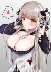 Rule 34 | 1girl, absurdres, ashita no sakuya, azur lane, between breasts, blush, breasts, cleavage, dress, earrings, formidable (azur lane), frilled dress, frills, grey hair, heart, highres, jewelry, large breasts, long hair, red eyes, ribbon, rigging, solo, twintails, two-tone dress, two-tone ribbon, very long hair