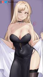 Rule 34 | 1girl, black choker, black dress, black thighhighs, blonde hair, breasts, choker, cleavage, closed mouth, collarbone, covered navel, damobelmont, dress, feet out of frame, highres, holding, holding towel, large breasts, light smile, lipstick, long hair, looking at viewer, lorraine vivie, makeup, nozomanu fushi no boukensha, side slit, signature, solo, strapless, thighhighs, towel, very long hair, yellow eyes