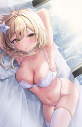 Rule 34 | 1girl, absurdres, armpits, arms behind head, arms up, bed, blonde hair, blush, bra, breasts, building, city, collarbone, commentary request, day, flower, genshin impact, hair between eyes, hair flower, hair ornament, highres, indoors, large breasts, looking at viewer, lumine (genshin impact), lying, navel, on side, open mouth, panties, pillow, short hair, short hair with long locks, sidelocks, sky, skyscraper, solo, thighhighs, underwear, white bra, white flower, white panties, white sky, white thighhighs, window, yellow eyes, yurusite