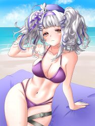 Rule 34 | 1girl, absurdres, ahoge, ahomushi994, alternate costume, arm support, beach, beret, bikini, blue sky, bow, breasts, brown eyes, cleavage, cloud, cloudy sky, collarbone, cowboy shot, expressionless, girls&#039; frontline, hair bow, hair ornament, hairband, hand in own hair, hat, highres, looking at viewer, medium breasts, multi-strapped bikini bottom, multicolored hair, multiple hairpins, navel, ocean, purple bikini, purple bow, purple hair, purple hairband, sitting, sky, solo, stomach, streaked hair, swimsuit, thigh strap, tps (girls&#039; frontline), twintails, water, white hair, x hair ornament