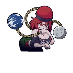 Rule 34 | 1girl, bare shoulders, black shirt, breasts, chain, clothes writing, hat, hecatia lapislazuli, helltaker, looking at viewer, multicolored clothes, off-shoulder shirt, off shoulder, red eyes, red hair, shirt, skirt, solo, t-shirt, touhou, transparent background, warugaki (sk-ii)