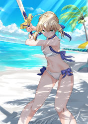 Rule 34 | 1girl, a-senmei, ahoge, artoria pendragon (all), artoria pendragon (fate), artoria pendragon (swimsuit archer) (first ascension) (fate), beach, bikini, blonde hair, blue bow, blush, bow, braid, breasts, commentary request, day, excalibur (fate/stay night), fate/grand order, fate/stay night, fate (series), green eyes, hair ribbon, highres, holding, holding sword, holding weapon, looking at viewer, medium breasts, navel, outdoors, palm tree, ponytail, ribbon, saber (fate), short hair, solo, sweatdrop, swimsuit, sword, tree, v-shaped eyebrows, weapon, white bikini