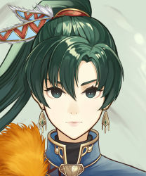 Rule 34 | 1girl, absurdres, black eyes, closed mouth, dakkalot, earrings, fire emblem, fire emblem: the blazing blade, floating hair, green hair, hair between eyes, hair ornament, high ponytail, highres, jewelry, long hair, looking at viewer, lyn (fire emblem), nintendo, portrait, smile, solo